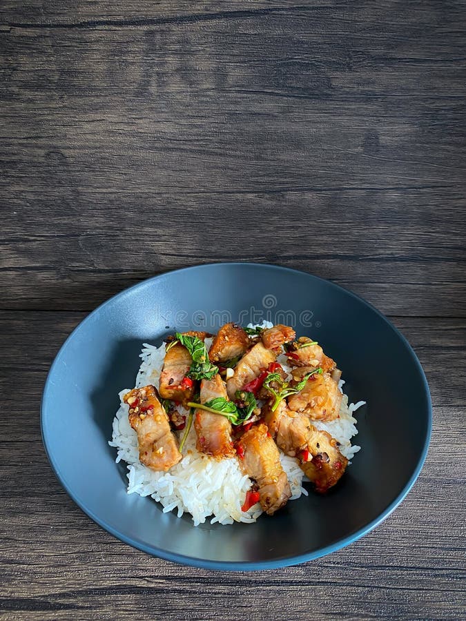 Rice Topped with Crispy Pork Belly with Thai Basil Stock Image Image