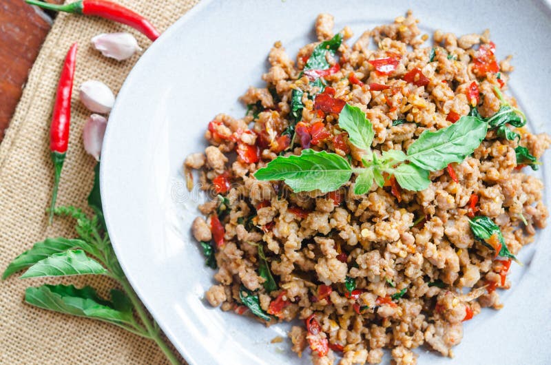 Rice Topped with Stirfried Pork and Basil in Dish Stock Image Image