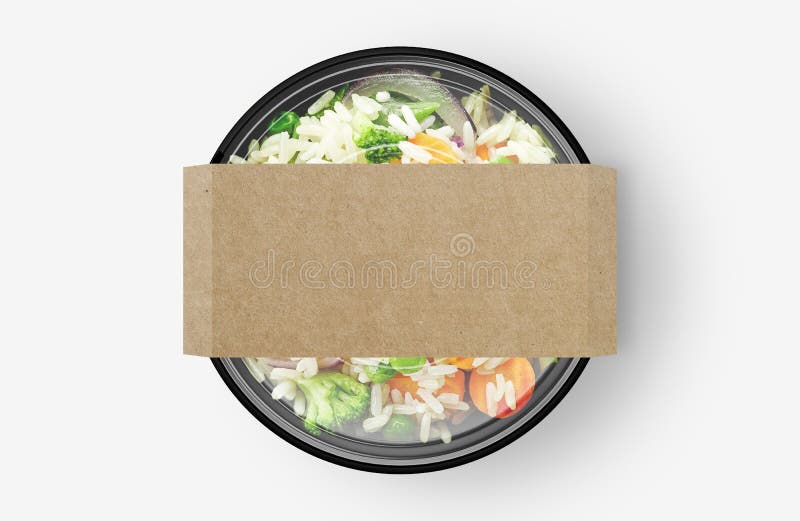Rice Vegetable Salad Food Container with Sticker Mockup Stock Photo