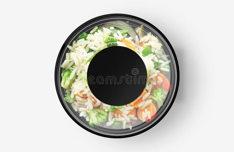 Rice Vegetable Salad Food Container with Sticker Mockup Stock Photo