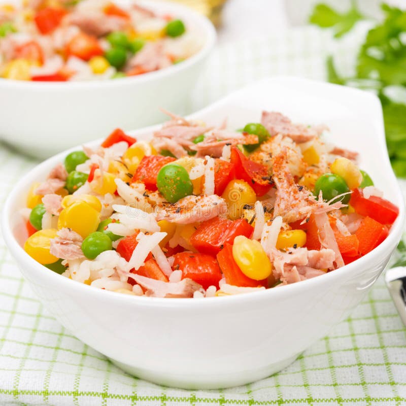 Rice with Vegetables and Canned Tuna Stock Image - Image of bowl