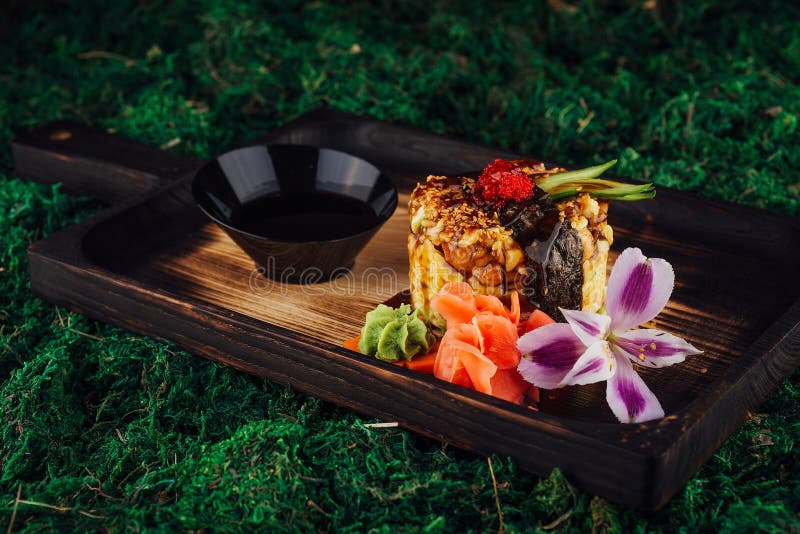 Rice with Vegetables Wrapped in Nori and Drizzled with Soy Sauce Stock
