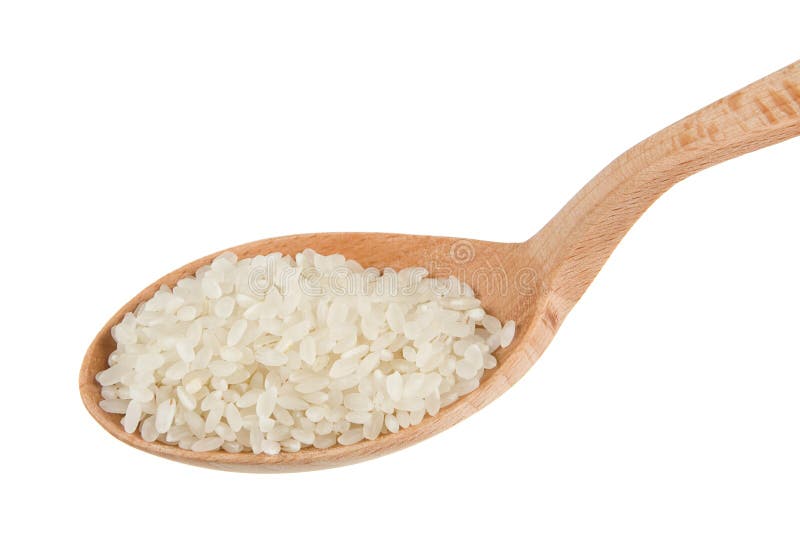 Rice in wooden spoon isolated on white