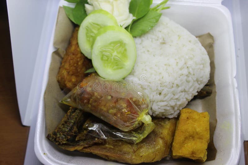 Rice Wrapped with Tofu, Tempe and Fried Chicken for Lunch Stock Image