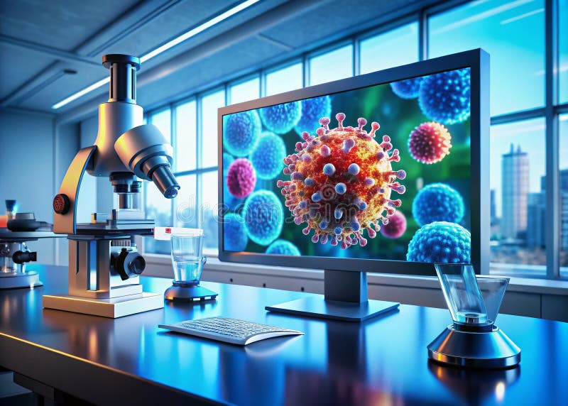 Ricerca biologica avanzata Visualizzazione intensiva di un modello di virus su un display a microscopio futuristico illustrazione vettoriale