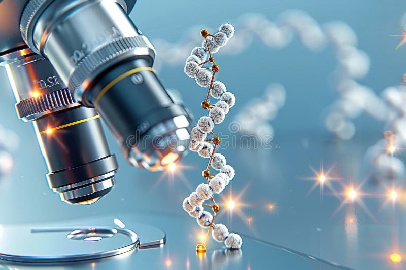 Ricerca di biotecnologie avanzate in un laboratorio futuristico : analisi del filamento del dna con microscopio e apparecchiature royalty illustrazione gratis