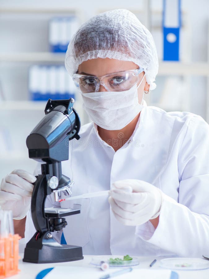 Ricercatrice di scienze femmine che conduce un esperimento in un labora fotografia stock