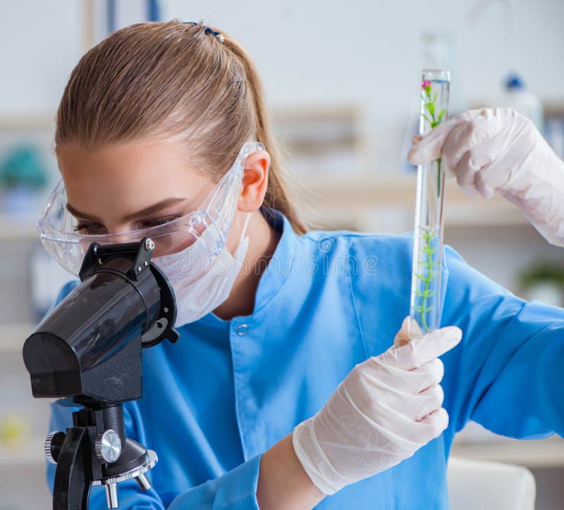 Ricercatrice di scienze femmine che conduce un esperimento in un labora fotografia stock