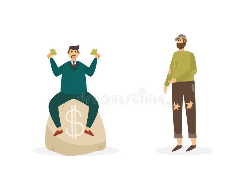 Rich Businessman and Poor Beggar Man Flat Vector Illustration Isolated.  Stock Vector - Illustration of homeless, poor: 204789501