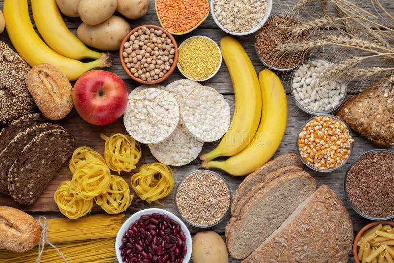 Rich on carbohydrates food with wholegrain bread and fruits