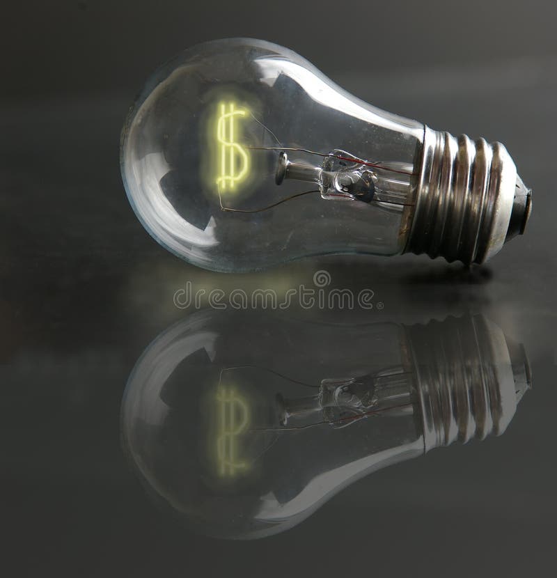 Light-bulb with money-sign filament (could represent high energy/fuel prices). Light-bulb with money-sign filament (could represent high energy/fuel prices)