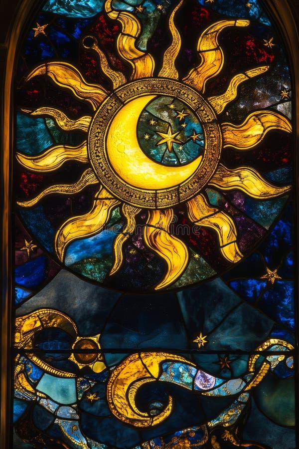 A rich and intricate stained glass window design featuring a celestial sun and moon motif, with golden rays extending outward. The vibrant jewel tones give it a mystical and timeless quality. AI generated