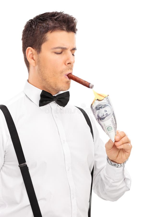 Rich Man Lighting Up a Cigar with Burning Dollar Stock Image Image of