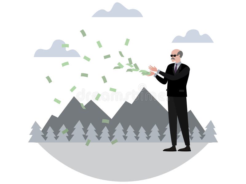 Rich pensioner throws money. In minimalist style Cartoon flat Vector, isolated on white background royalty free illustration Rich pensioner throws money. In minimalist style Cartoon flat Vector, isolated on white background royalty free illustration