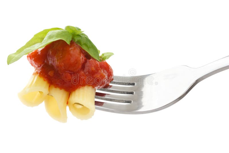 Rich tomato sauce, pasta and basil on a fork isolated