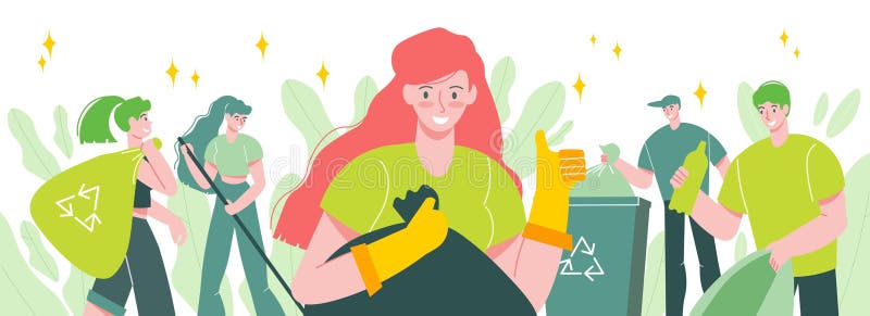 Riciclaggio dei rifiuti composizione orizzontale piatta con le persone che raccolgono rifiuti in sacchetti di plastica portaconten illustrazione di stock