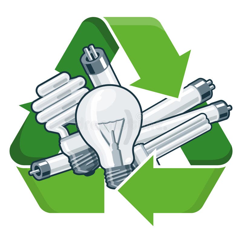 Used light bulbs with green recycling symbol in cartoon style. vector illustration on white backround. Waste Electrical and Electronic Equipment - WEEE concept. Used light bulbs with green recycling symbol in cartoon style. vector illustration on white backround. Waste Electrical and Electronic Equipment - WEEE concept.