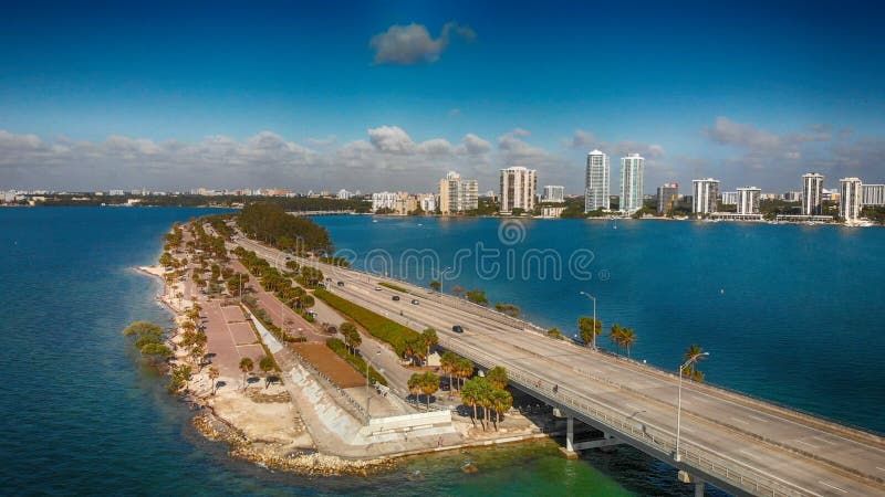 Rickenbacker Causeway in Miami, Florida. Aerial view on a beautiful day