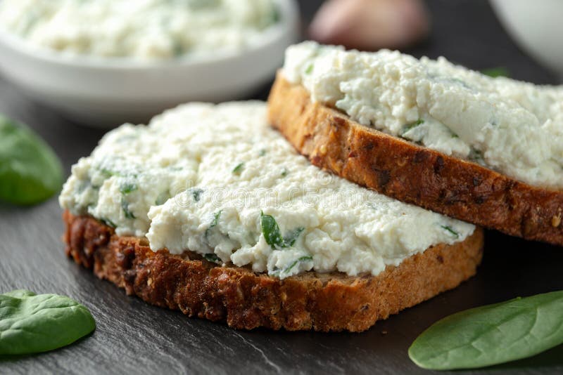 Ricotta Cheese Spinach Sandwich with Coffee. Healthy Breakfast Stock