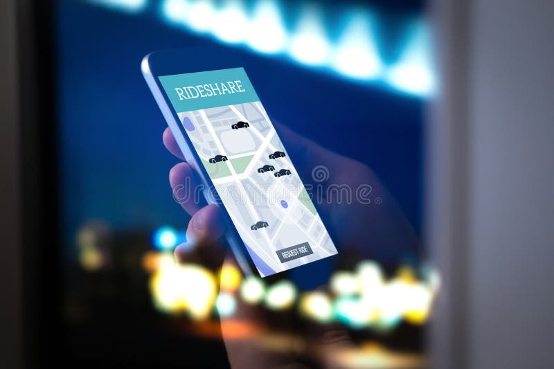 Ride sharing and carpool mobile application. Rideshare taxi app royalty free stock photos