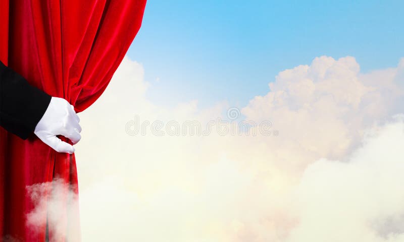 Hand of businessman opening red velvet curtain. Hand of businessman opening red velvet curtain