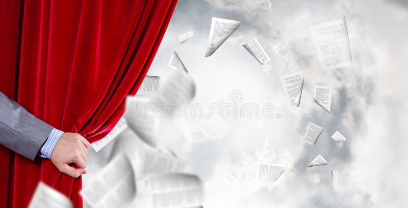 Hand of businessman opening red velvet curtain. Hand of businessman opening red velvet curtain