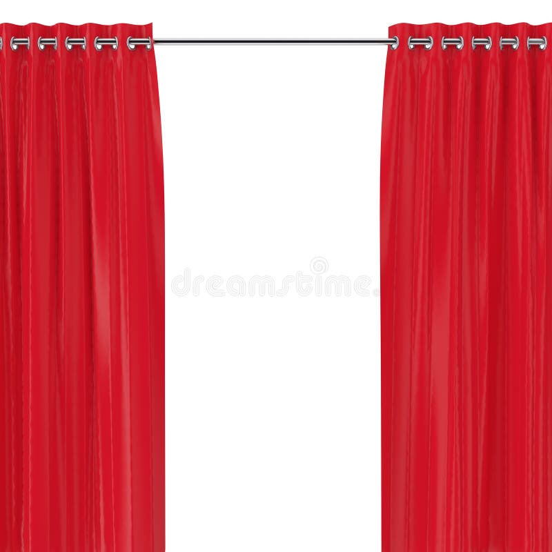 Rideaux rouges avec des oeillets sur le rebord rond rendu 3d photo stock Rideaux rouges avec des oeillets sur le rebord rond rendu 3d photo stock