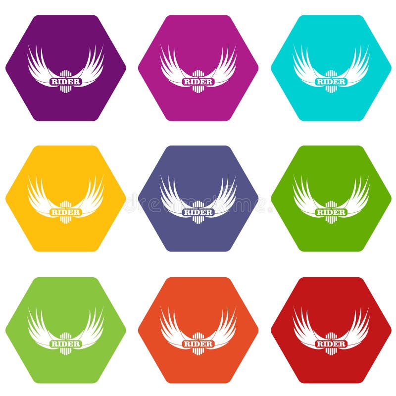 Rider wing icons 9 set coloful isolated on white for web. Angel rider vectors