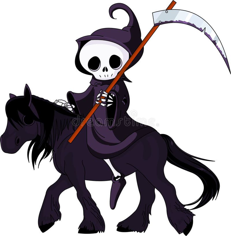 Cute cartoon grim reaper with scythe riding black horse. Cute cartoon grim reaper with scythe riding black horse