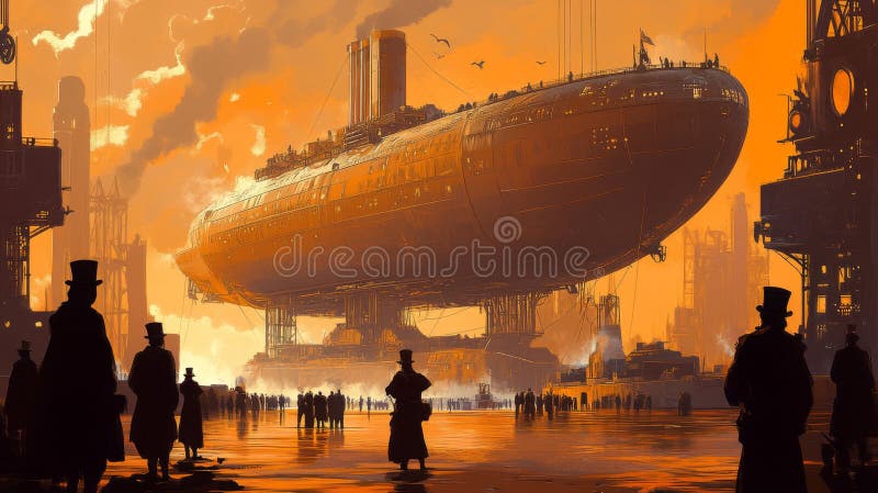 Riesen-Goldene Luftschiff über Steampunk City bei Sunset lizenzfreie abbildung