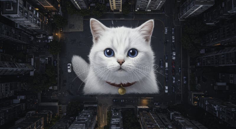 Riesenkatze, generative weiße Katze, Stadtausicht lizenzfreie abbildung