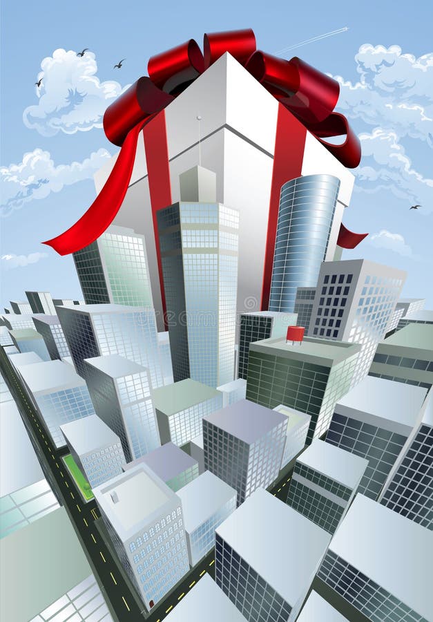 A huge gift. Conceptual illustration of a huge present with bow towering over a city. Could represent a massive sale or bargain. A huge gift. Conceptual illustration of a huge present with bow towering over a city. Could represent a massive sale or bargain.