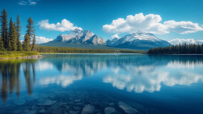 Riflessione Del Lago Serene Mountain Nel Cielo Blu illustrazione vettoriale
