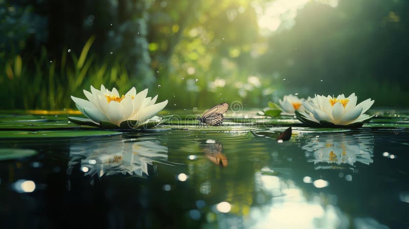 Riflesso sereno di gigli d'acqua con farfalla in uno stagno tranquillo durante un'ora d'oro royalty illustrazione gratis