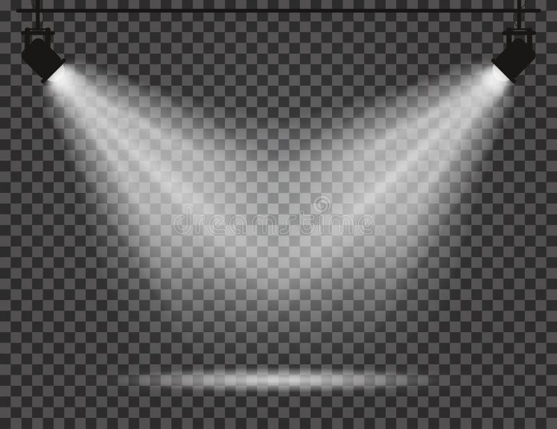 Riflettori con i raggi luminosi su fondo trasparente Riflettori realistici per il teatro, studio della foto, concerti illustrazione vettoriale