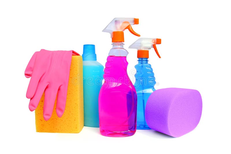 Cleaning supplies on white background including several spray bottles of chemicals, rubber gloves and sponges. Cleaning supplies on white background including several spray bottles of chemicals, rubber gloves and sponges.