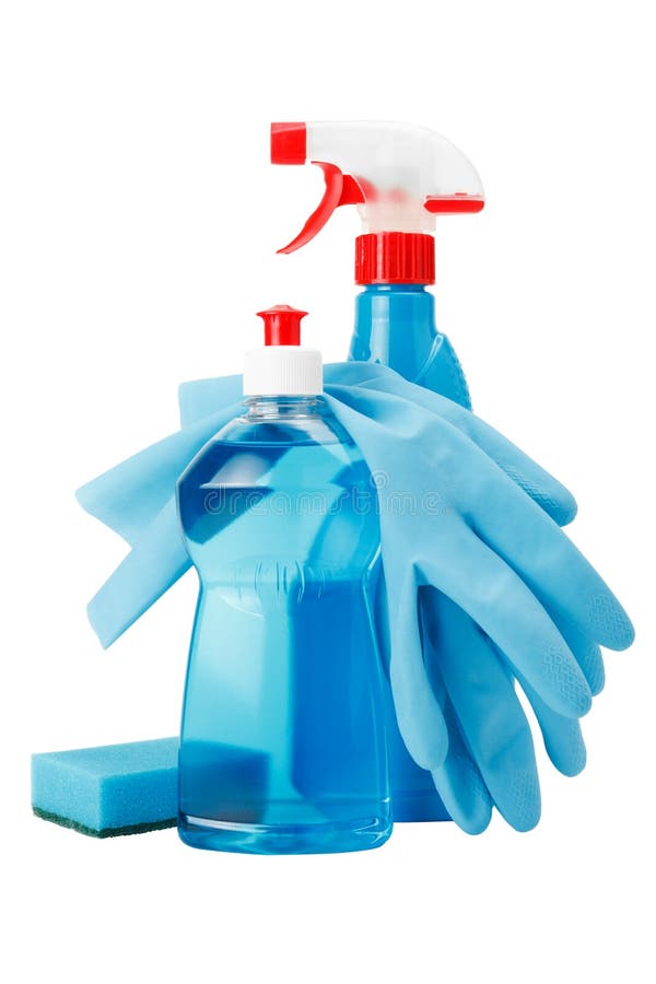 Cleaning supplies: blue dish washing liquid, cleaning spray bottle with plastic dispenser, protective gloves, sponge. Cleaning supplies: blue dish washing liquid, cleaning spray bottle with plastic dispenser, protective gloves, sponge