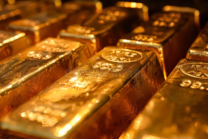 Riga di barre d'oro con i numeri 995. Le barre sono lucide e riflettono la luce generata dall'AI