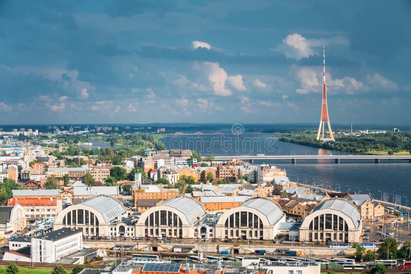 Riga, Latvia. Aerial Cityscape In Sunny Evening. Famous Landmarks - Bus ...