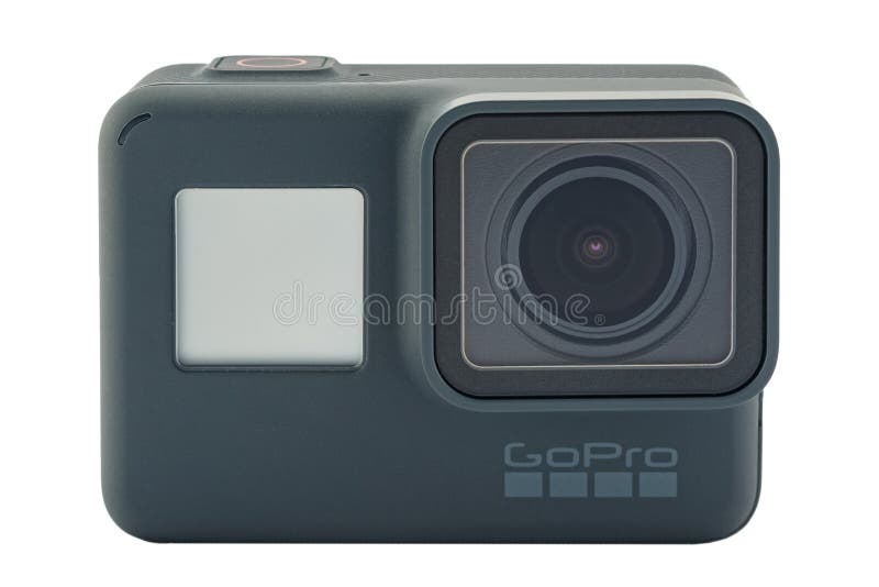 RIGA, LATVIA - NOVEMBER 25, 2017: GoPro HERO 6 Black. Supports 4k Ultra HD video up to 60 fps and 1080p up to 240 fps. Brand new waterproof action camera isolated on white. RIGA, LATVIA - NOVEMBER 25, 2017: GoPro HERO 6 Black. Supports 4k Ultra HD video up to 60 fps and 1080p up to 240 fps. Brand new waterproof action camera isolated on white