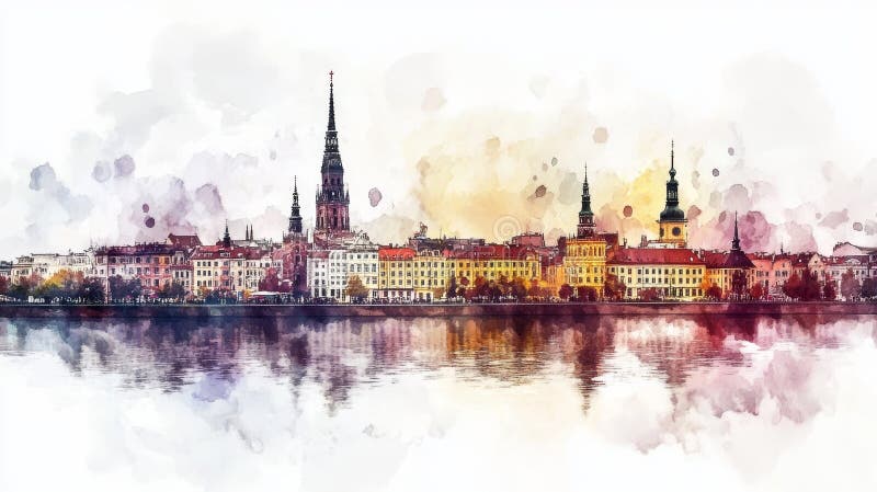 Riga Waterfront Panorama aquarelle de charme de la ville de Rigas reflétant l'histoire de la tranquillité illustration libre de droits