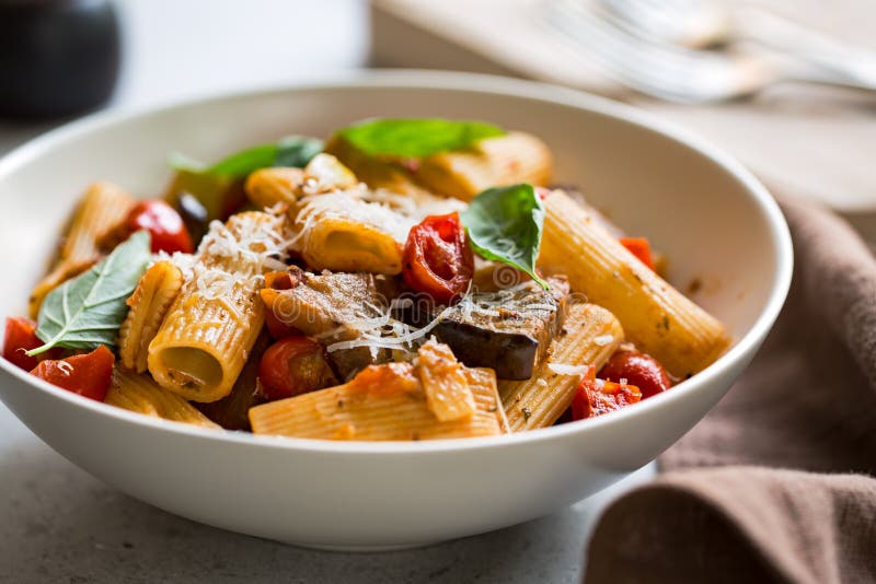 Rigatoni with Aubergine and Tomato Stock Photo - Image of italian ...