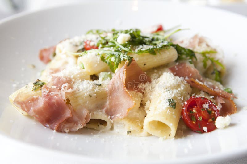 Rigatoni Pasta with Prosciutto stock photography Rigatoni Pasta with Prosciutto stock photography