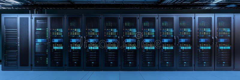 Righe di server in un'apparecchiatura hardware e tecnologica di rete moderna del centro dati in funzione royalty illustrazione gratis