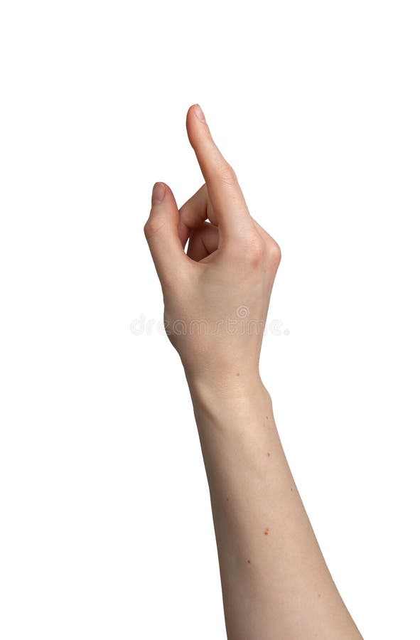 Right hand clicking, index finger touching, gesturing, pointing aside, angle perspective view stock image