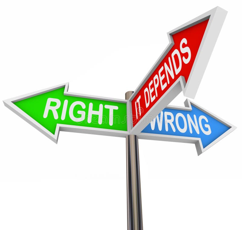 Tři barevné šipky značky čtení Správné, Špatné a Záleží, ilustruje obtíže při výběru mezi dvě protilehlé scénáře, kdy střed je potřeba v závislosti na situaci.