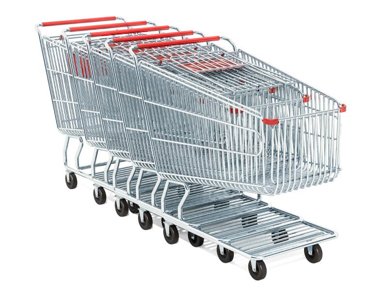 Rij van boodschappenwagentjes, het 3D teruggeven stock illustratie Rij van boodschappenwagentjes, het 3D teruggeven stock illustratie