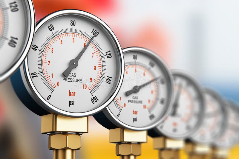 Creative abstract oil and gas fuel manufacturing industry business concept: 3D render illustration of the row of metal steel high pressure gauge meters or manometers with brass fittings on tubing pipeline at LNG or LPG natural gas distribution station plant or factory facility with selective focus effect. Creative abstract oil and gas fuel manufacturing industry business concept: 3D render illustration of the row of metal steel high pressure gauge meters or manometers with brass fittings on tubing pipeline at LNG or LPG natural gas distribution station plant or factory facility with selective focus effect