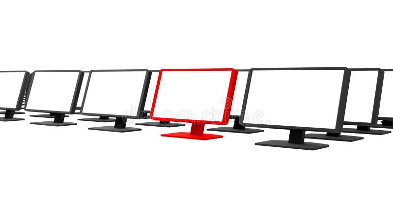 Rij van pc-monitors renderen, veel rijen lege zwarte pc-schermen geïsoleerd op wit Eén display rood, gemarkeerd royalty-vrije stock fotografie Rij van pc-monitors renderen, veel rijen lege zwarte pc-schermen geïsoleerd op wit Eén display rood, gemarkeerd royalty-vrije stock fotografie
