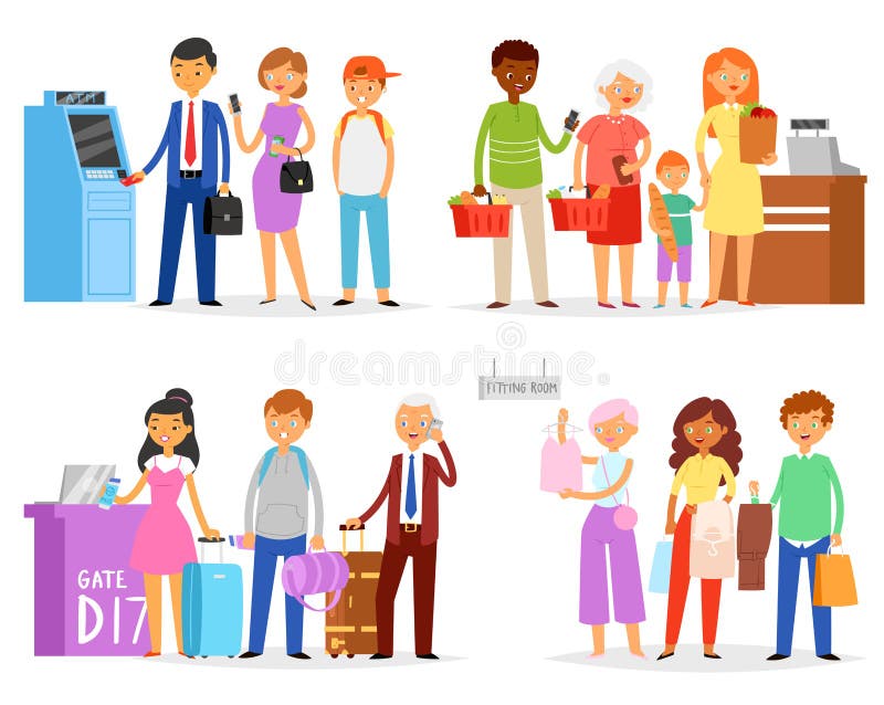 Rij vectormensen die lijn wachten die in lange rij in supermarkt aan luchthavenpoort of ATM-illustratiereeks een rij vormen van v vector illustratie Rij vectormensen die lijn wachten die in lange rij in supermarkt aan luchthavenpoort of ATM-illustratiereeks een rij vormen van v vector illustratie
